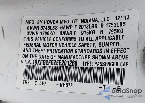 2014 Honda Civic Lx из США, поврежденный, VIN 19XFB2F52EE201268